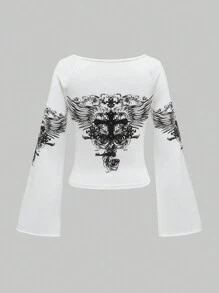 ROMWE 女士春夏休闲十字印花圆领插肩袖喇叭袖 T 恤 - 白色 - 查看 1