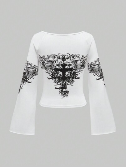 Women's Spring/Summer Casual Cross Printed Round Neck Raglan Sleeve Flare Sleeve T-Shirt