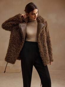 Anewsta Fluffy Jacket For Women With Leather Patchwork And Fluffy Surface - Brown - View 6
