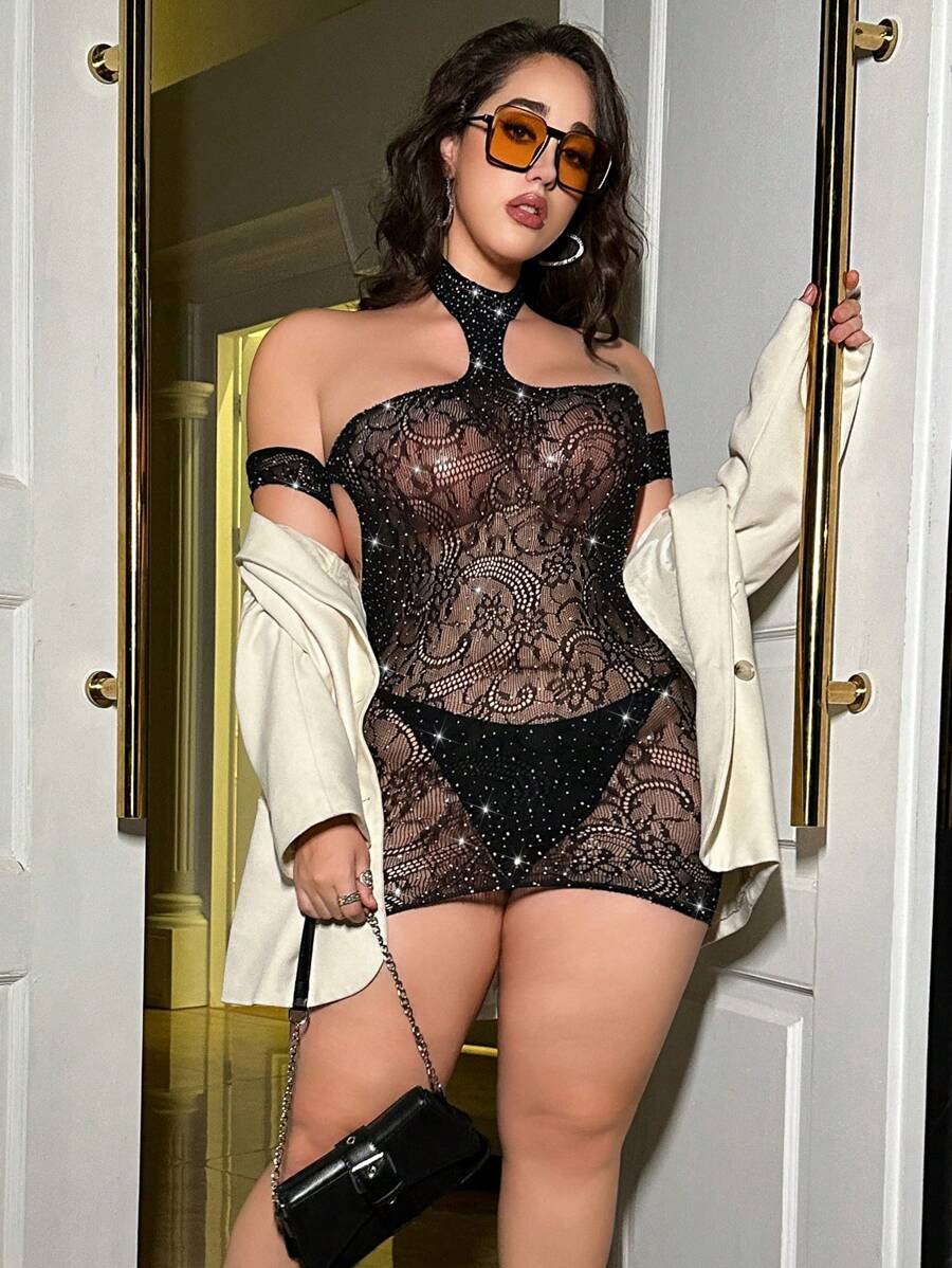 Sexy Plus Size Lingerie Rhinestone Embellished Bodysuit Dress For Women - Black - View 1