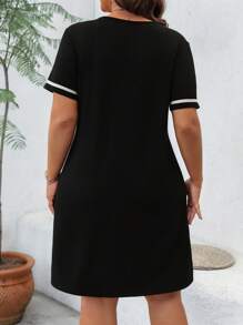 SHEIN LUNE Plus Size Fashionable Casual V-Neck Color Block Knitted Belted Dress In Black For Summer - Black - View 2