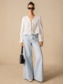 Poéselle 女装，夏季女衬衫，秋季长袖衬衫，白色衬衫，白色刺绣上衣，前中心系带衬衫，女士纯色长袖烂花刺绣前系带宽松上衣，春夏季面料舒适透气，适合日常、街头、度假穿着 - 白色 - 查看 8