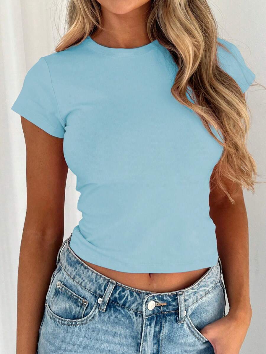 INAWLY Áo thun nữ tay ngắn cổ tròn màu trơn thường ngày, mùa hè - Màu xanh nhạt - Xem 1