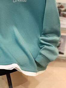 SHEIN 青少年男孩休闲校园风格舒适百搭透气针织双面字母印花圆领长袖运动衫，适合上学、户外、旅行、四季和送礼