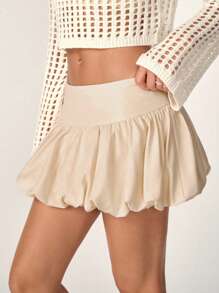 SHEIN Unity Women's Solid Color Casual Low Waist Ruched Skirt - Apricot - View 4