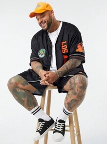 Manfinity VCAY 2pcs/Set Plus Size Men's Casual Loose Fit Drop Shoulder Short Sleeve Shirt With Knitting Letters Pattern And Waist Straight Shorts, Suitable For Summer And Sports - Black - View 6