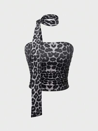 Grunge Punk Parte superior tubo ceñida y fruncida con estampado de leopardo en toda la prenda para mujeres, escuela