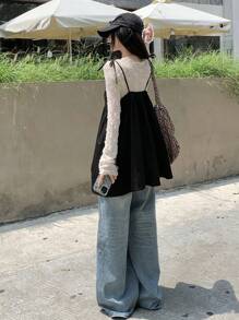 DAZY 女士纯色蝴蝶结荷叶边下摆吊带背心，夏季 - 黑色 - 查看 4