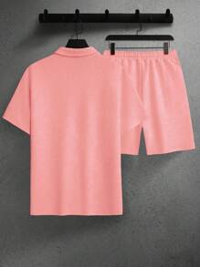 Manfinity Homme Nam Màu Trơn Dây Kéo Áo Sơ Mi Tay Ngắn Và Dây Rút Quần Short Bộ Hai Món Thường Ngày - Hồng - Xem 2