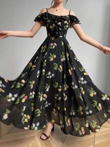 Modelyn Đầm hở vai họa tiết hoa thanh lịch cho nữ, trang phục Maxi mùa hè cho nữ, đầm dạ hội dài - màu đen - Xem 6