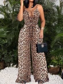Slaydiva 2024 New Casual Streetwear  Leopard Print Hollow Chest Gold Chain Loose Waist Jumpsuit For Women - Z