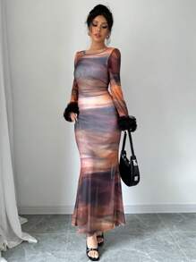 Elenzga Vestido con mangas acampanadas y bloques de color de malla teñida anudada, primavera/otoño