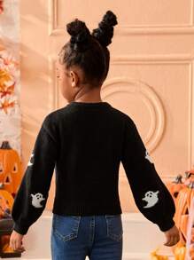 Young Girl Halloween Graphic Crew Neck Fitted Casual Sweater,In Fall/Winter - Black and White - View 2