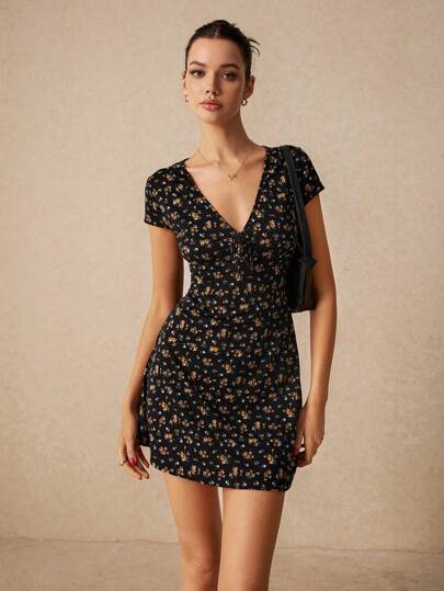 Poéselle Vestido de línea A con estampado floral y cuello en V dulce para mujer, vestidos florales, vestidos florales de primavera, vestidos de mujer para la playa, Y2K verano, vestidos florales, vestidos de verano lindos, vestidos de verano