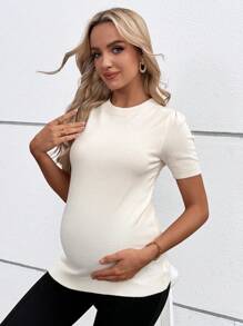 SHEIN Maternity Round Neck Short Sleeve Fitted Sweater For Pregnant Women, Autumn/Winter - Yellow - View 4