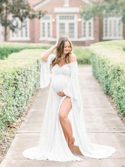 孕妇 V 领露肩超长摄影长袖连衣裙婴儿洗礼，婴儿洗礼连衣裙，适合拍照