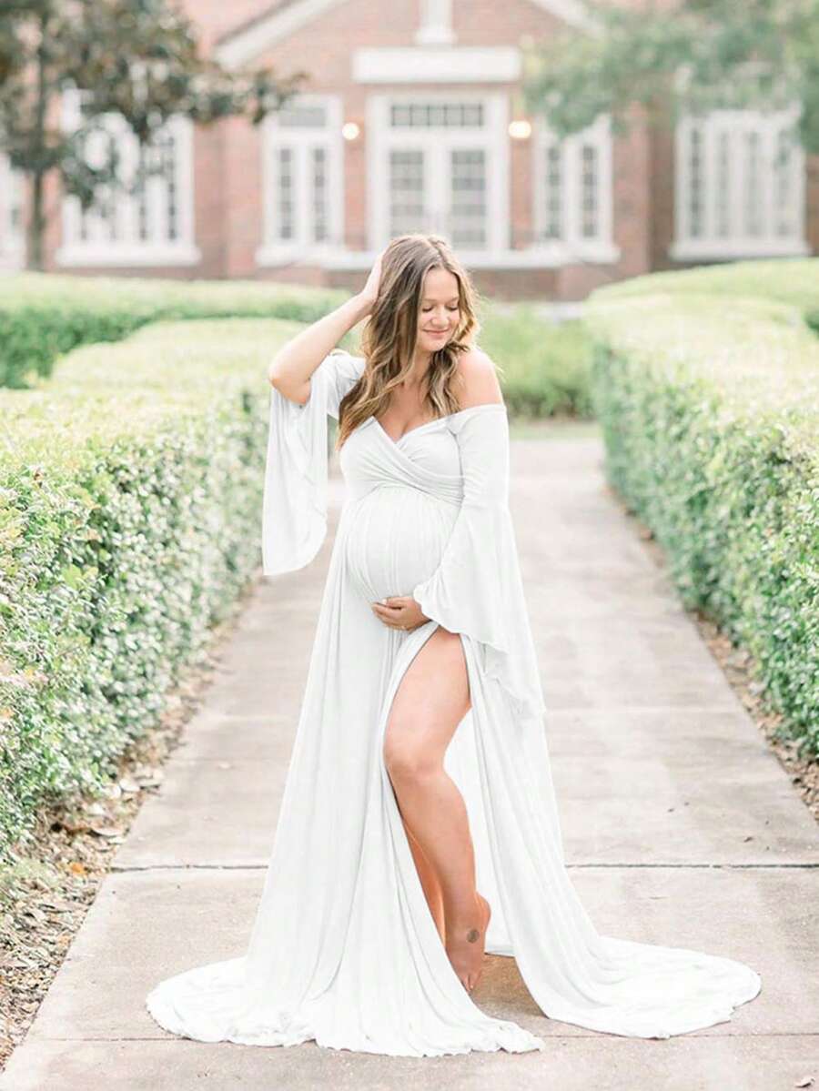 孕妇 V 领露肩超长摄影长袖连衣裙婴儿洗礼，婴儿洗礼连衣裙，适合拍照