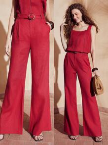 MOTF PREMIUM Nguyên chất Lanh Chất rắn Xếp nếp Khóa thắt lưng Chân bùng Quần tây - Đỏ - Xem 10