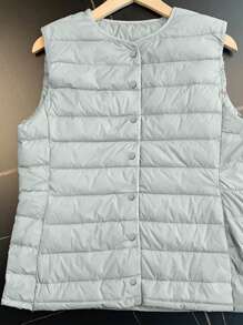 SHEIN Unity Women's Solid Color Simple Style Casual Sleeveless Padded Padded Coat Clothes Winter - Mint Green - View 3