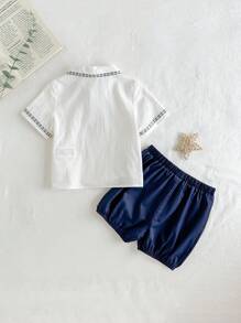 Cozy Pixies Baby Boy, Color Blocking Peter Pan Collar Short Sleeve Half-Zip Pullover Top And Bubble Shorts Set - Blue - View 8