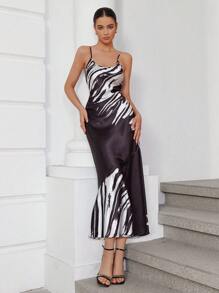 Aveloria Rosie Vestido de tirantes sin mangas con espalda anudada con estampado aleatorio de rayas blancas y negras de cebra, de estilo veraniego