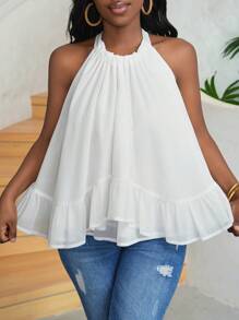 Slaydiva Top estilo dulce de playa holgado para vacaciones / citas / uso diario con dobladillo de volante y diseño de cuello halter, tela de gasa blanca - C