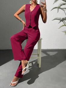 Chiquease Women's Summer Solid Color Single-Breasted Vest And Pockets Pants Casual Office Suit - Burgundy - View 5