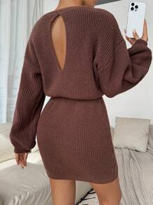 SHEIN Clasi Vestido de suéter de manga larga con cuello redondo, de unicolor y con nudo, para mujer, en color marrón - Café integral - Ver 2