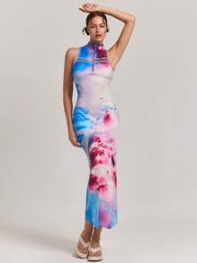 SHEINNeu 女士印花简约日常休闲长裙前中拉链无袖针织海豚蓝粉色印花夏季旅行百搭连衣裙 - 彩色 - 查看 1