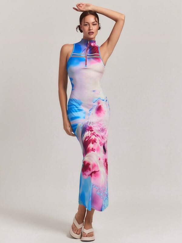 SHEINNeu Vestido largo diario casual de mujer con estampado simple, cierre de cremallera central, sin mangas, de punto, en tonos azul delfín y rosa, ideal para usar en verano y que combina con todo