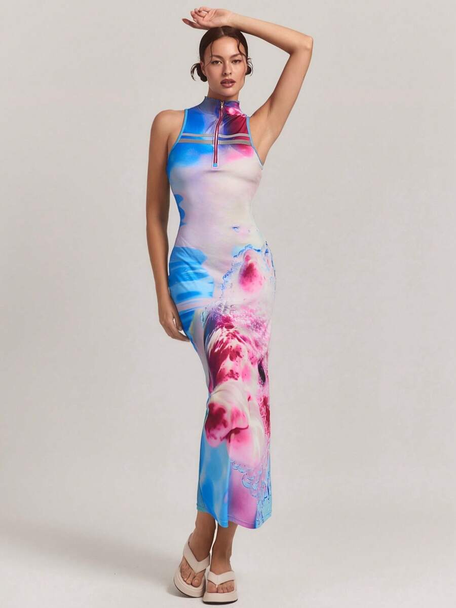 SHEINNeu 女士印花简约日常休闲长裙前中拉链无袖针织海豚蓝粉色印花夏季旅行百搭连衣裙 - 彩色 - 查看 1