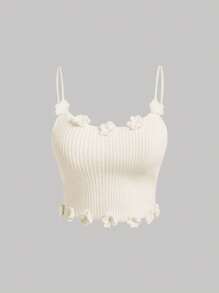 SHEIN MOD Casual Floral Decorated Front Panel Short Knit Tank Top For Plus Size Women - White - View 1