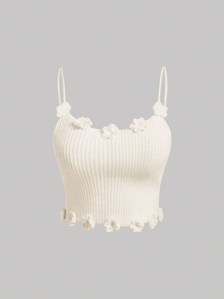 SHEIN MOD Casual Floral Decorated Front Panel Short Knit Tank Top For Plus Size Women - White - View 1
