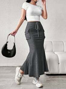 Aidyla Women's Solid Color Simple Daily Wear Drawstring Waist Skirt Fall - Grey - View 6