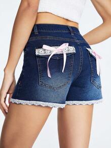 ROMWE Kawaii Women's Color Block Lace Insert Denim Shorts With Pockets, Summer - Blue - View 2