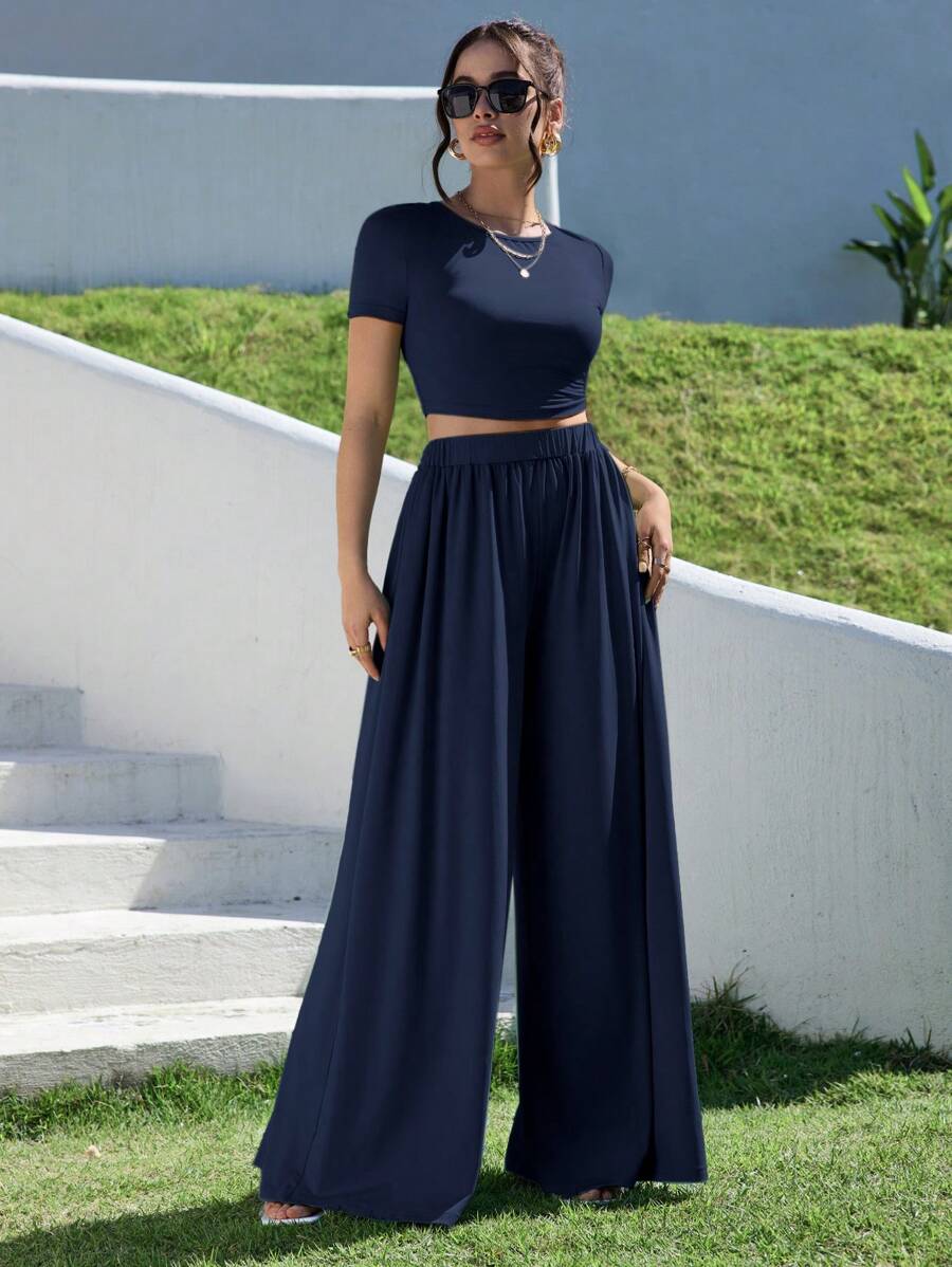 SHEIN Essnce Conjunto de dos piezas de verano - Azul Marino - Ver 1