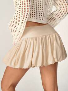 SHEIN Unity Women's Solid Color Casual Low Waist Ruched Skirt - Apricot - View 2