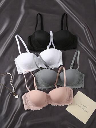 4 件套可拆卸肩带半杯女式文胸，聚拢和侧面支撑，防下垂和收集脂肪，适合小胸部