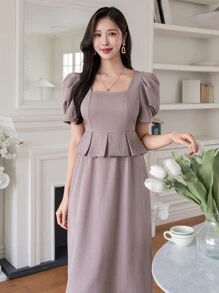 DAZY Women's Solid Color Square Neck Ruffle Trim Puff Sleeve Dress, Summer Sundress - Pink - View 1