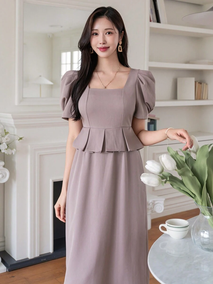 DAZY Women's Solid Color Square Neck Ruffle Trim Puff Sleeve Dress, Summer Sundress - Pink - View 1