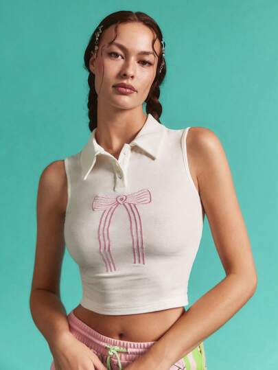 SHEINNeu Women's Butterfly Print Polo Collar Sleeveless Tank Top For Summer Funny Shirts Petite Summer Dresses