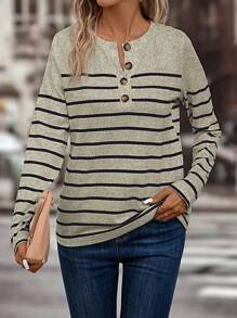 SHEIN LUNE 女式条纹纽扣半襟长袖休闲 T 恤，春/夏 - 杏色 - 查看 5