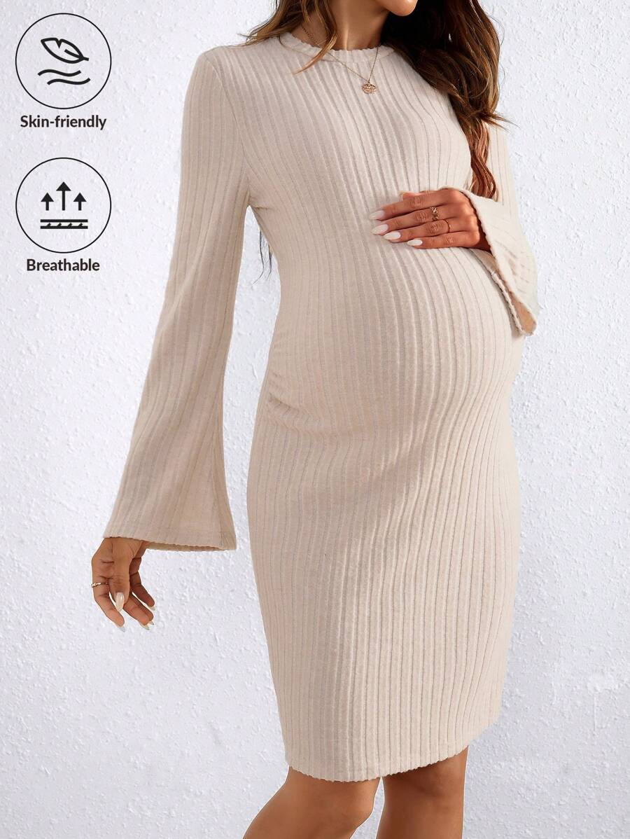 SHEIN Vestido diario de maternidad de manga larga en unicolor y diseño simple