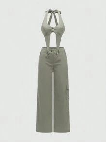 Twin Melody X SHEIN SHEIN Unity Backless Halter Sexy Top & Loose Hip Hop Style Cargo Pants With Pockets - Green - View 1