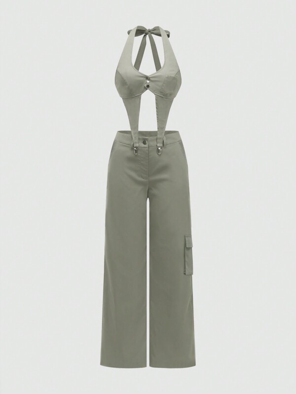 Twin Melody X SHEIN SHEIN Unity Top sexy sin espalda de halter y pantalones tipo cargo holgados de estilo hip hop con bolsillos