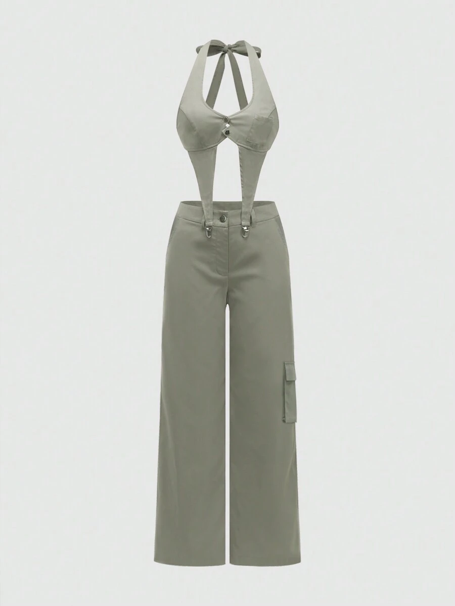 Twin Melody X SHEIN SHEIN Unity Backless Halter Sexy Top & Loose Hip Hop Style Cargo Pants With Pockets - Green - View 1