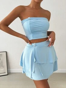 SHEIN X  Ignacia Antonia Calvaya Solid Color Strapless Top With Metal Decoration And Asymmetrical Hem Skirt Set