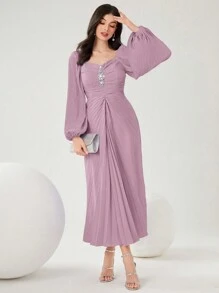 Modelyn 女士實色打褶連衣裙，配水晶裝飾仿高領和長袖，適用於春夏季節 - 粉色 - 查看 3