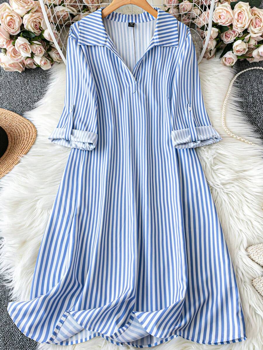 SHEIN LUNE Plus Size Navy Blue Hem Floral Print Long Sleeve Shirtdress Fall Women Clothes Baby Blue Dress Women Business Casual Woman Work Dress Business Dress - Blue and White - View 1