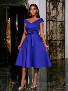 Faeriesty Elegant Off-Shoulder Solid Color Belted Party Dress - Slimming Evening Gown For Women Wedding Guest Cocktail Dress - Royal Blue - View 5